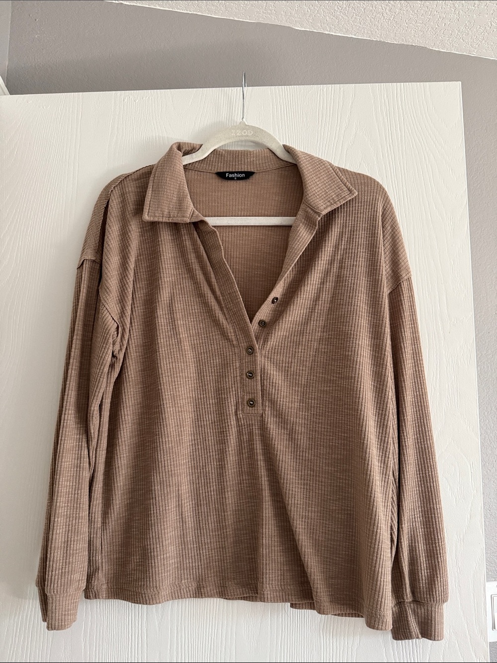 Neutral Ribbed Henley Polo Top - Taupe